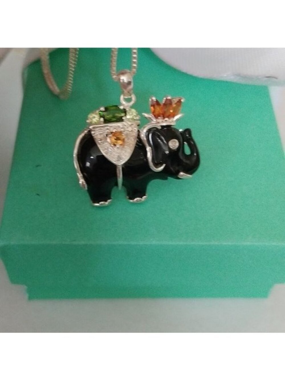 Sterling Silver Diamond Citrine Emerald + Tourmaline Elephant 18" Necklace